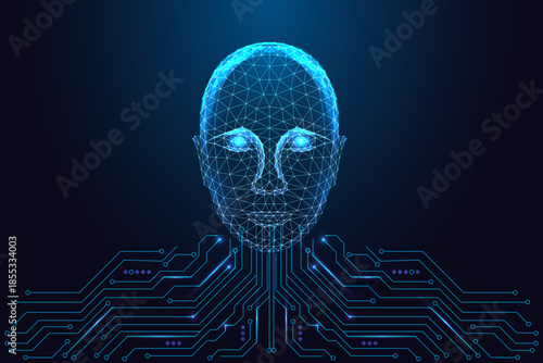 AI intelligence, cyber consciousness and digital mind concept with glowing head above circuit board