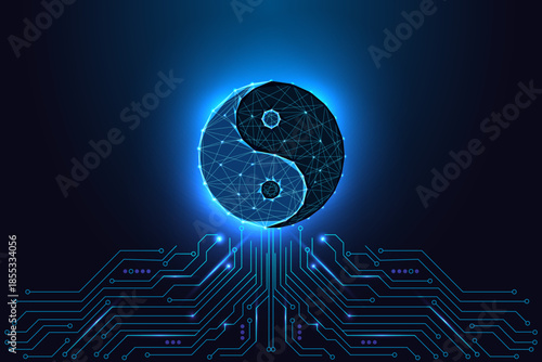 Digital harmony, tech balance and modern philosophy concept with Yin Yang symbol above circuit board