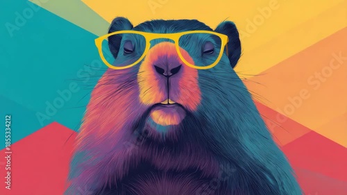 Vibrant groundhog wearing yellow sunglasses against colorful background for quirky groundhog day concept