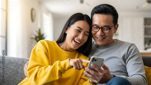 A cheerful Asian couple enjoys spending time together at home, browsing social media and laughing at funny content on their mobile smartphone device.