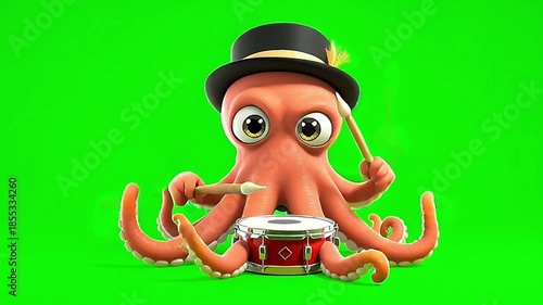 Wallpaper Mural An octopus wearing a hat plays drums against a vibrant green screen background Torontodigital.ca