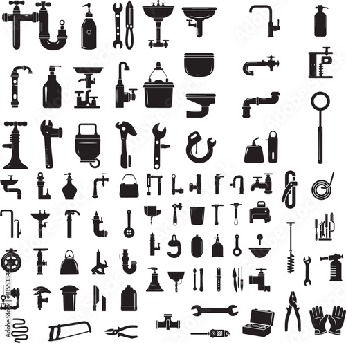 plumbing and hardware tool icons set. maintenance equipment silhouettes