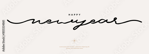 Happy New Year Script Lettering Vector. Elegant Minimal Calligraphy Typography Design for Greeting Card, Poster, Banner and Holiday Celebration.