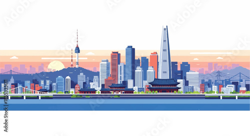 Seoul, South Korea, 2D flat vector illustration featuring the dramatic modern cityscape and iconic architecture silhouetted against a bright, warm sunrise sky on an isolated white background.