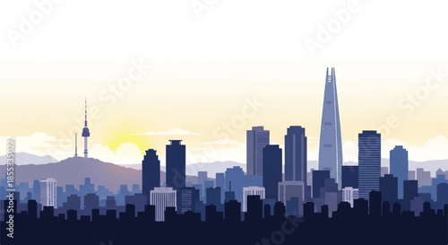 Seoul skyline 2D flat style vector illustration capturing the vibrant South Korean metropolis architecture bathed in the warm light of the early morning sun, isolated on a clean white background.