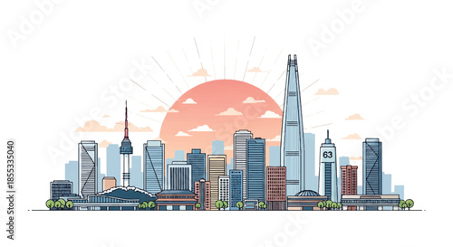Seoul skyline modern 2D flat illustration showcasing the famous urban metropolis architecture silhouetted against a beautiful pastel morning sky with a vibrant rising sun on a clean white background.