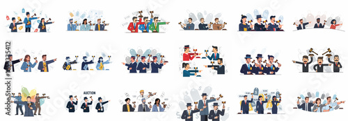 Auctioneers holding gavels and pointing in various scenes, surrounded by price tags and currency symbols, illustrating the bidding and sales process.