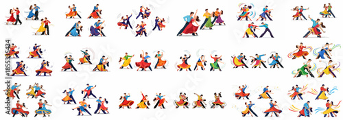 Dynamic vector set of dancing couples performing Latin and ballroom styles, featuring vibrant costumes, passion, and energetic poses on white.