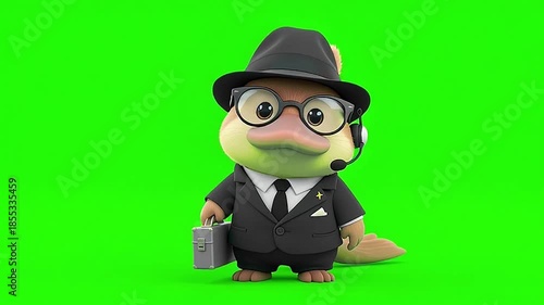 Wallpaper Mural Animated platypus professional in suit, fedora, glasses, headset, and briefcase, ready for tech or communication tasks on green screen Torontodigital.ca