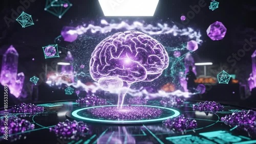 Futuristic AI Brain Hologram with Purple Crystals and Geometric Shapes