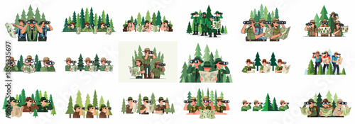 Vector collection of illustrations featuring park rangers and adventurers navigating a forest using maps and binoculars, emphasizing exploration and guidance.