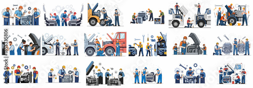 Collection of Vector Illustrations Featuring Auto Mechanics Working on Truck and Diesel Engines, Performing Maintenance, Repair, and Oil Changes.