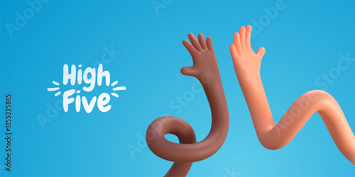 High Five Diversity Concept With Colorful 3D Hands Symbolizing Unity, Teamwork, Equality And Positive Energy. Inclusive High Fives. Vector Illustration