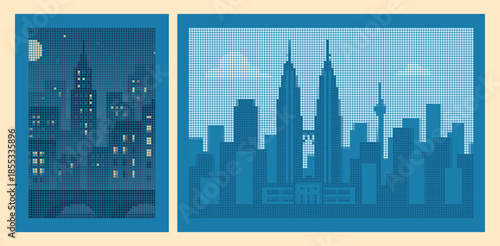 Day and Night City Skyline Transition halftone Illustration Poster