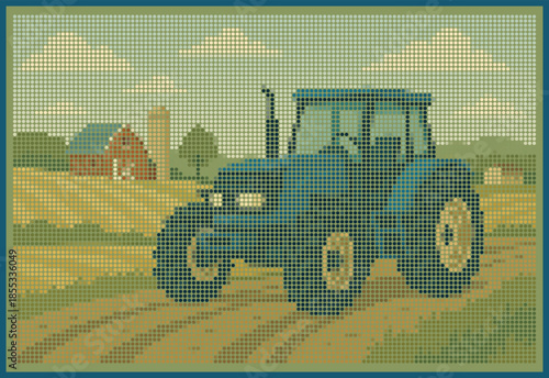 Farm Tractor on Rural Dirt Road Halftone Landscape Poster