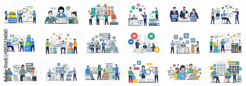 Collection of flat design illustrations showing finance, accounting, and auditing professionals analyzing business data, reports, calculations, and financial records management.