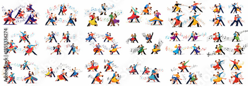 Dynamic collection of couples dancing various Latin and Ballroom styles, accompanied by flowing musical notes.