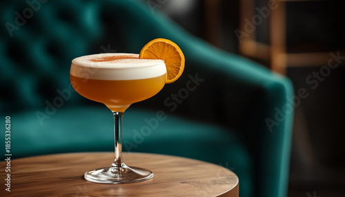 Pisco sour cocktail drink with orange slice garnish on table. Alcohol beverage with creamy foam in glass on wood surface with chair at