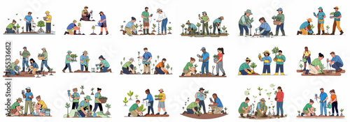Collection of vignettes illustrating environmental scientists and volunteers planting seedlings, monitoring soil quality, and performing conservation and ecological fieldwork.