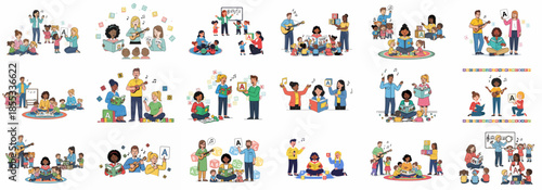 Diverse educators teaching literacy and music to preschool children, featuring storytelling, alphabet learning, and singing activities in a colorful collection of illustrations.