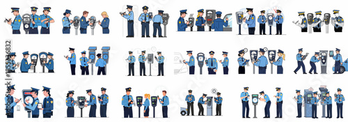 Collection of vector illustrations showing traffic police officers issuing parking violation tickets, checking expired meters, and enforcing urban parking regulations.