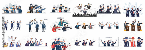 Large collection of diverse auctioneer characters conducting sales, pointing, and striking gavels in a dynamic bidding and competitive environment illustration set.
