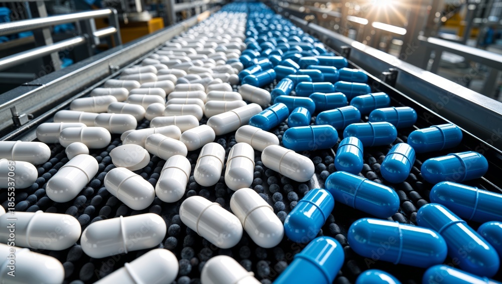 Obraz premium Pharmaceutical production line with white and blue capsules moving on a conveyor belt