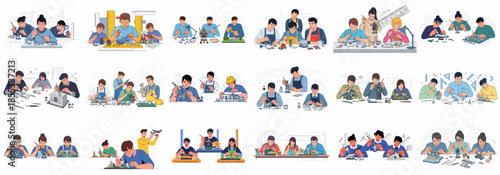 Collection of illustrations showing people engaged in hobby modeling, assembling, gluing, and meticulously painting miniature figures, vehicles, and architectural dioramas.