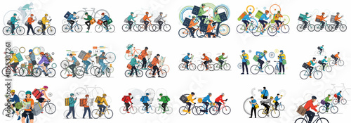 A large collection of vector illustrations showing diverse bicycle couriers and delivery riders using smartphones, maps, and various bags for urban transport and logistics services.
