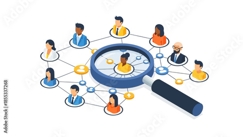 Isometric magnifying glass highlighting social network connections