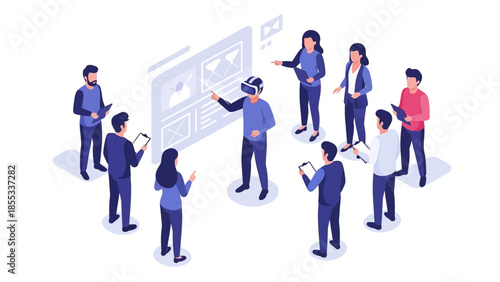 Team collaboration in virtual reality workspace with digital devices