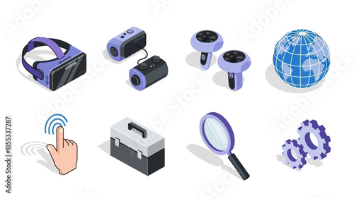 Isometric technology icons: vr headset, game controller, tools, and more
