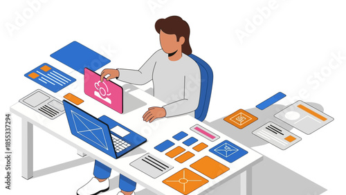 Office worker analyzing data with modern isometric design