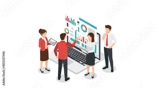 Isometric business team analyzing digital data on laptop with charts and graphs