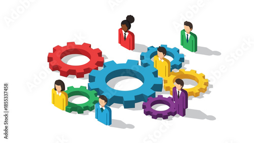 Diverse teamwork concept with colorful gears and business people in isometric style