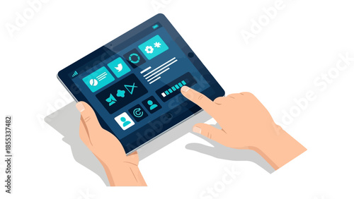 Hands interacting with digital tablet interface in modern flat design