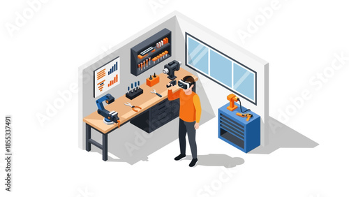 Man in virtual reality lab with modern tech and equipment in isometric design