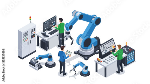 Robotics and automation in modern manufacturing: experts operating industrial robots