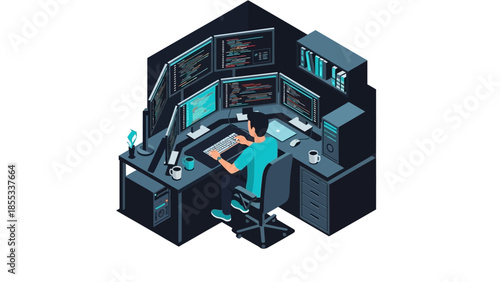 Modern programmer in isometric home office with multiple monitors and coding setup