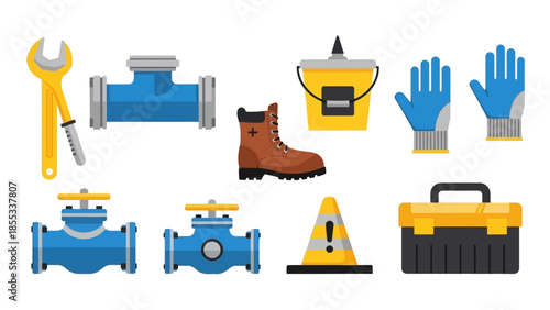 Flat construction tools and equipment set on white background