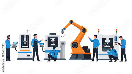 Industrial automation manufacturing scene with robotic arm and technicians