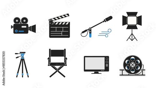 Film equipment icons: camera, clapperboard, microphone, spotlight, tripod, director chair, screen, film reel