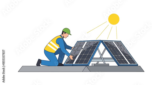 Technician installing solar panels under sunlight for renewable energy generation
