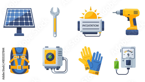 Renewable energy and safety equipment icons in modern flat design