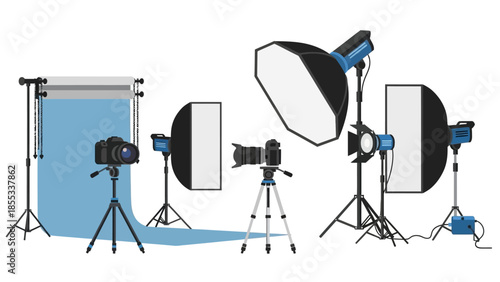 Professional photography studio equipment setup with lighting and camera accessories