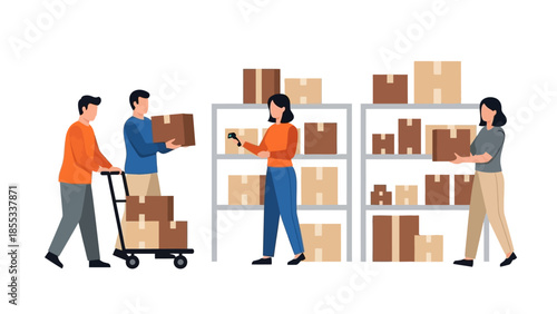 Warehouse team organizing cardboard boxes on shelves for efficient inventory management