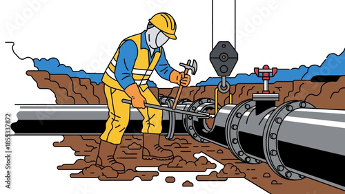 Pipeline construction worker in safety gear tightening bolts on large pipe at industrial site