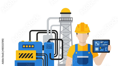 Industrial worker with tablet and machinery in modern flat design