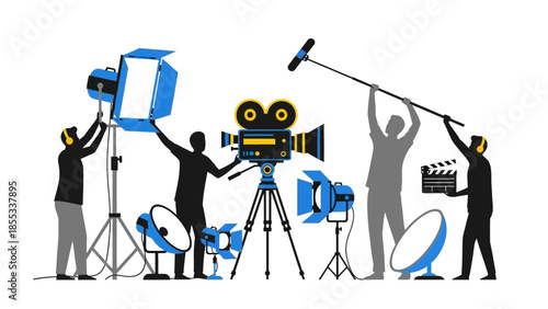 Silhouette film crew working with cameras and lights on set