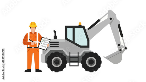 Construction safety: worker in orange suit with excavator and checklist